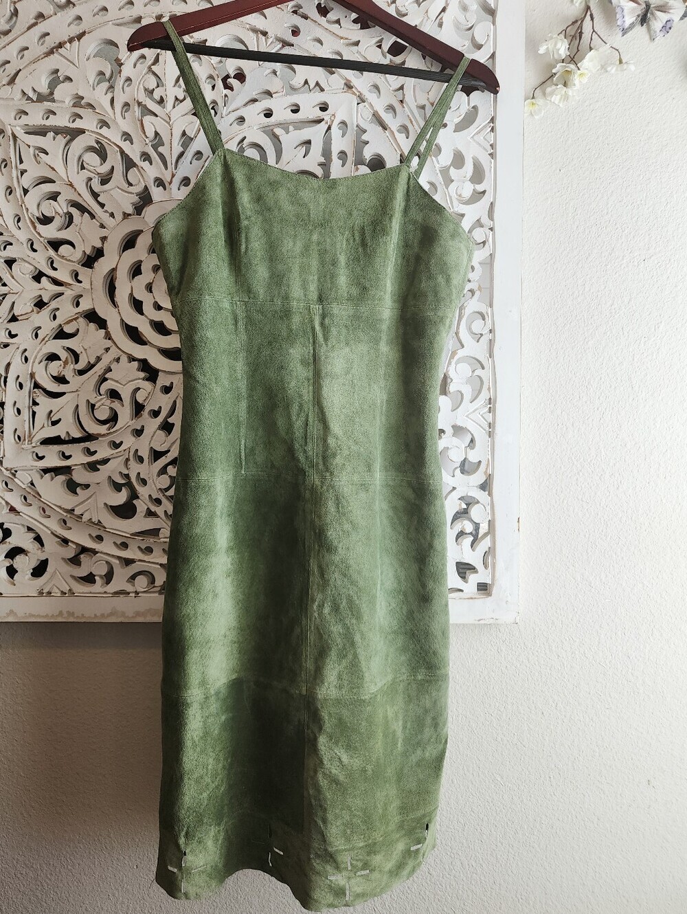 B. ARDEN GENUINE LEATHER SUEDE GREEN TONE MIDI DRESS FITTED SILOHUTTE